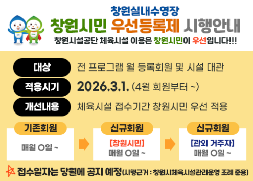 창원실내수영장 창원시민 우선등록제 시행안내 아래 숨김 텍스트로 제공