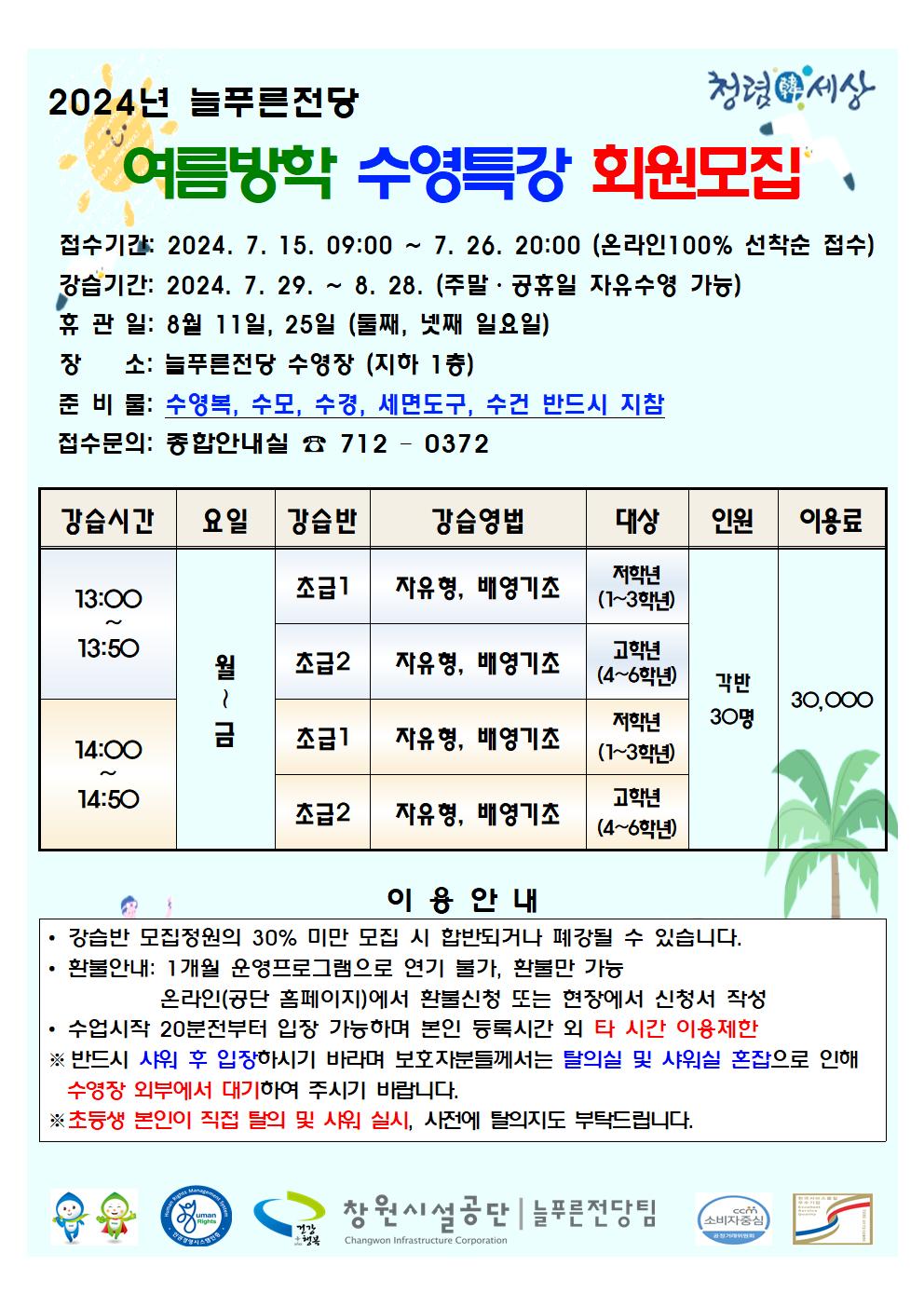 2024년 늘푸른전당 여름방학 수영특강 회원모집 접수기간: 2024. 7. 15. 09:00 ~ 7. 26. 20:00 (온라인100% 선착순 접수) 강습기간: 2024. 7. 29. ~ 8. 28. (주말 · 공휴일 자유수영 가능) 휴관일: 8월 11월, 25월 (둘째, 넷째 일요일) 장소: 늘푸른전당 수영장 (지하 1층) 준비물: 수영복, 수모, 수경, 세면도구, 수건 반드시 지참 접수문의: 종합안내실 ☎ 712 - 0372 강습시간 요일 강습반 강습영법 대상 인원 이용료 13:00~13:50 월~금 초급1 자유형, 배영기초 저학년(1~3학년) 각반 30명 30,000원 초급2 자유형, 배영기초 고학년(4~6학년) 각반 30명 30,000원 14:00~14:50 월~금 초급1 자유형, 배영기초 저학년(1~3학년) 각반 30명 30,000원 초급2 자유형, 배영기초 고학년(4~6학년) 각반 30명 30,000원 이용안내 • 강습반 모집정원의 30% 미만 모집 시 합반되거나 폐강될 수 있습니다. • 환불안내: 1개월 운영프로그램으로 연기 불가, 환불만 가능 온라인(공단 홈페이지)에서 환불신청 또는 현장에서 신청서 작성 • 수업시작 20분전부터 입장 가능하며 본인 등록시간 외 타 시간 이용제한 ※ 반드시 샤워 후 입장하시기 바라며 보호자분들께서는 탈의실 및 사위실 혼잡으로 인해 수영장 외부에서 대기하여 주시기 바랍니다. ※초등생 본인이 직접 탈의 및 샤워 실시, 사전에 탈의지도 부탁드립니다. 창원시설공단 | 늘푸른전당팀