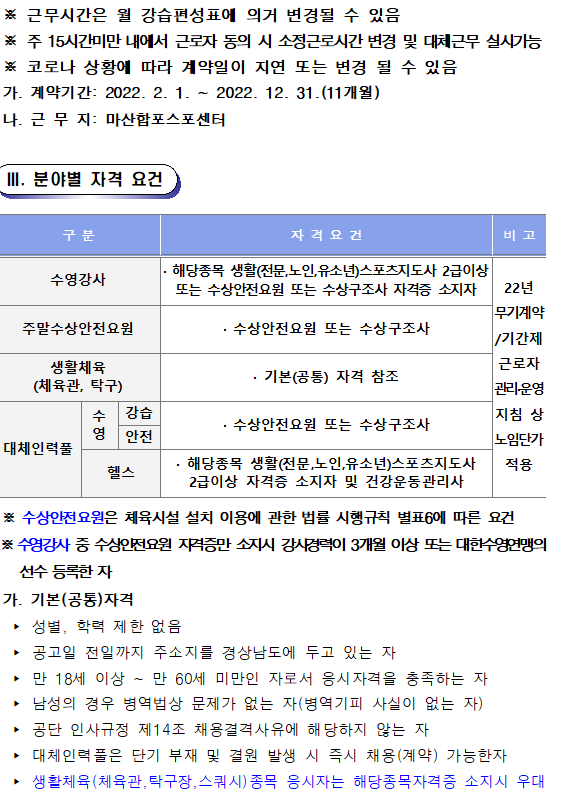 2022년 마산합포스포츠센터 기간제근로자 및 대체인력풀 재모집 공고_2
